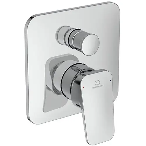 Wandeinbauarmatur in Chrom von Ideal Standard mit Drehgriff und Temperaturanzeige in Rot und Blau, gestaltet für die Nutzung in Badezimmern.